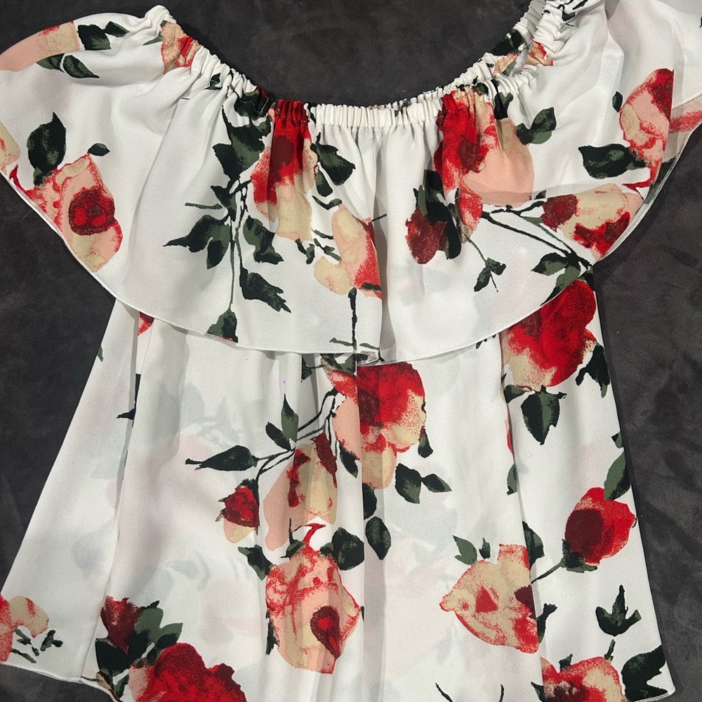 Floral Off-Shoulder Top - White and Red